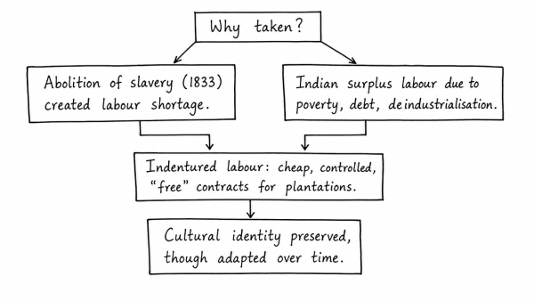 Why was indentured labour taken by the British from India to other colonies? Have they been able to preserve their cultural identity over there? (UPSC 2018)
