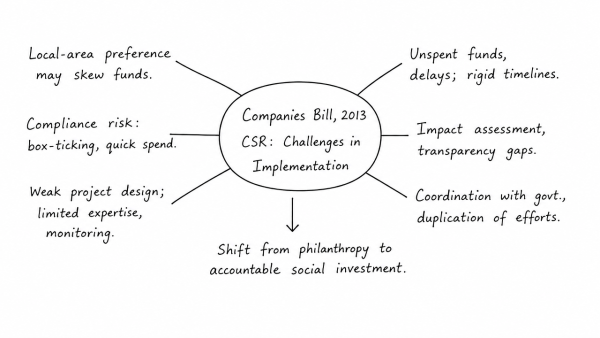 With a consideration towards the strategy of inclusive growth, the new Companies Bill, 2013 has indirectly made CSR a mandatory obligation. Discuss the challenges expected in its implementation in right earnest. Also discuss other provisions in the Bill and their implications. (UPSC 2013)