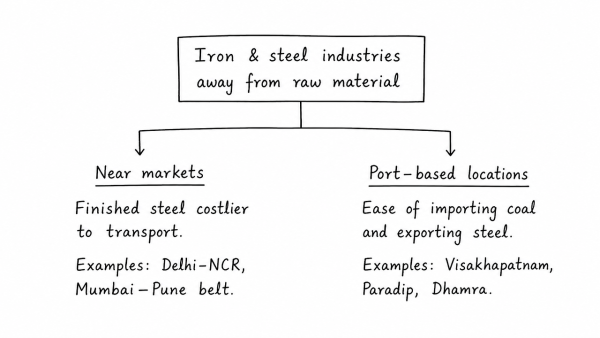 Account for the present location of iron and steel industries away from the source of raw material, by giving examples. (UPSC 2020)