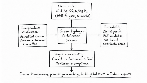 Analyse how the Green Hydrogen Certification Scheme ensures regulatory transparency and prevents greenwashing. Why is a standardized framework crucial for building global consumer trust in Indian exports?