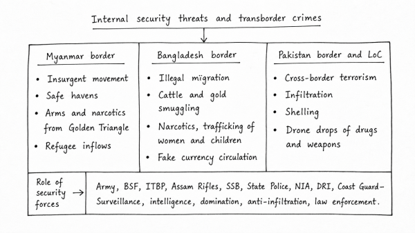 Analyse internal security threats and transborder crimes along Myanmar, Bangladesh and Pakistan borders including Line of Control (LoC). Also discuss the role played by various security forces in this regard. (UPSC 2020)