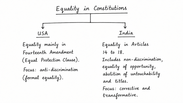 Analyze the distinguishing features of the notion of Equality in the Constitutions of the USA and India. (UPSC 2021)
