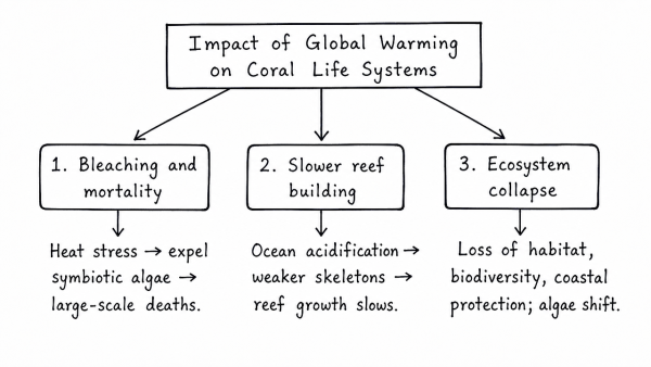 Assess the impact of global warming on coral life systems with examples. (UPSC 2019)