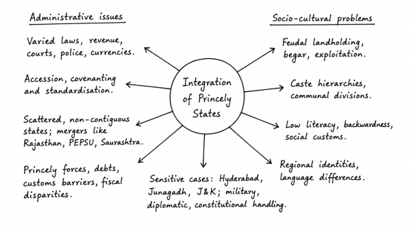 Assess the main administrative issues and socio-cultural problems in the integration process of Indian Princely States. (UPSC 2021)