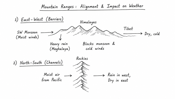 Briefly mention the alignment of major mountain ranges of the world and explain their impact on local weather conditions, with examples. (UPSC 2021)