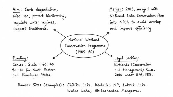 Comment on the National Wetland Conservation Programme initiated by the Government of India and name a few India’s wetlands of international importance included in the Ramsar Sites. (UPSC 2023)