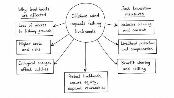 Critically Analyse why offshore wind development impacts coastal fishing communities’ livelihoods. How can a “just transition” framework protect vulnerable groups while expanding renewable infrastructure?