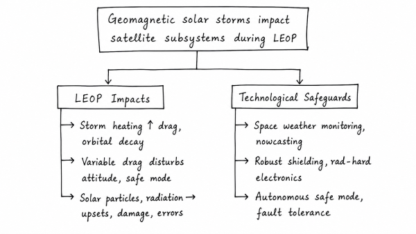 Critically discuss how geomagnetic solar storms impact satellite subsystems during the critical Launch and Early Orbit Phase (LEOP). What technological safeguards can mitigate such space weather risks?