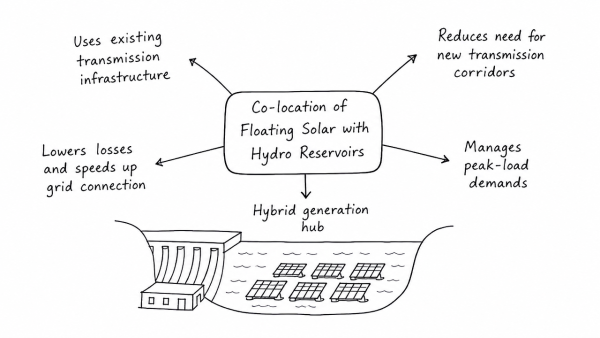 Critically discuss how the co-location of floating solar systems with existing hydroelectric reservoirs can optimize transmission infrastructure and manage peak-load demands in India.