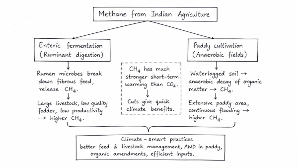 Critically discuss why enteric fermentation and paddy cultivation are primary methane sources in India, and how climate-smart agricultural practices can mitigate these emissions.