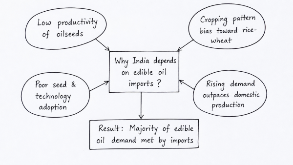 Critically discuss why India remains highly dependent on edible oil imports despite its agrarian strength. How can crop diversification toward oilseeds be structurally incentivized?