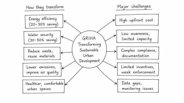 Critically examine how green building rating systems like GRIHA can transform sustainable urban development in India. What are the major challenges in their widespread adoption?