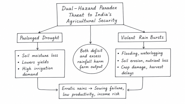 Critically examine how the “dual-hazard paradox” of prolonged drought and violent rain bursts threatens India’s agricultural security. How can climate-smart farming mitigate this crisis?