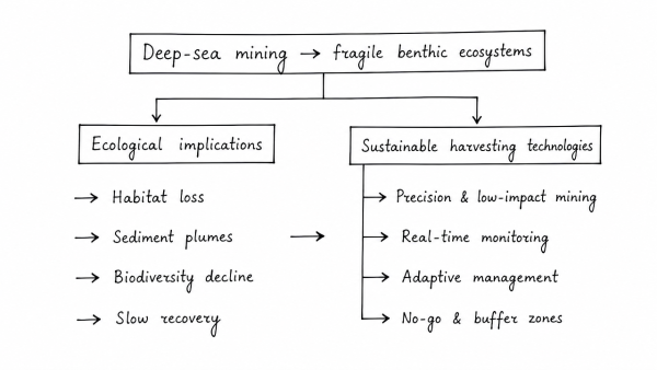 Critically examine the ecological implications of deep-sea mining on fragile benthic ecosystems. How can sustainable harvesting technologies mitigate these environmental impacts?