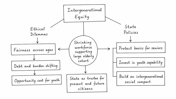 Critically examine the ethical dilemmas of intergenerational equity as a shrinking working population supports a massive elderly cohort. How should state policies balance resources between youth and seniors?