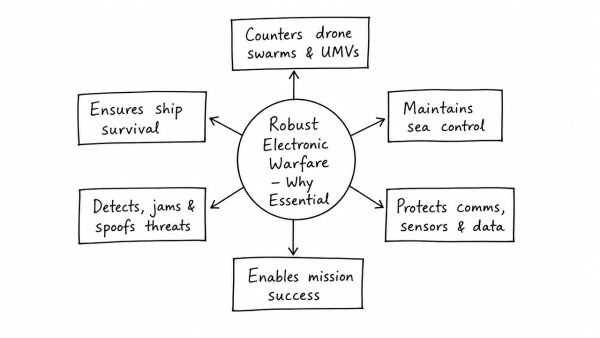 Critically examine why robust electronic warfare capabilities are essential for the Indian Navy to counter evolving asymmetric threats, like drone swarms, in the Indian Ocean Region.
