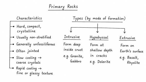 Describe the characteristics and types of primary rocks. (UPSC 2022)