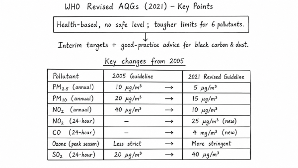 Describe the key points of the revised Global Air Quality Guidelines (AQGs) recently released by the World Health Organisation (WHO). How are these different from its last update in 2005? What changes in India’s National Clean Air Programme are required to achieve these revised standards? (UPSC 2021)