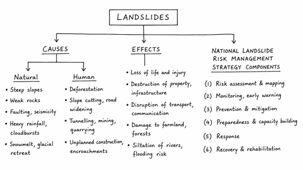 Describe the various causes and the effects of landslides. Mention the important components of the National Landslide Risk Management Strategy. (UPSC 2021)