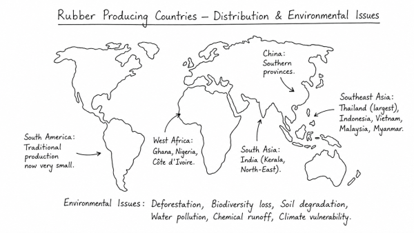 Describing the distribution of rubber producing countries, indicate the major environmental issues faced by them. (UPSC 2022)