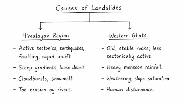Differentiate the causes of landslides in the Himalayan region and Western Ghats. (UPSC 2021)
