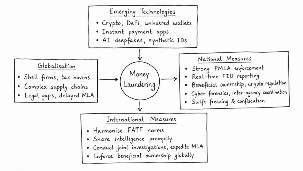 Discuss how emerging technologies and globalisation contribute to money laundering. Elaborate measures to tackle the problem of money laundering both at national and international levels. (UPSC 2021)