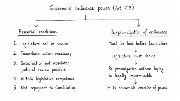 Discuss the essential conditions for exercise of the legislative powers by the Governor. Discuss the legality of re-promulgation of ordinances by the Governor without placing them before the Legislature. (UPSC 2022)