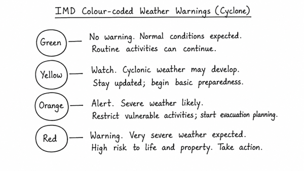 Discuss the meaning of colour-coded weather warnings for cyclone prone areas given by India Meteorological Department. (UPSC 2022)