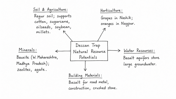 Discuss the natural resource potentials of ‘Deccan Trap’. (UPSC 2022)