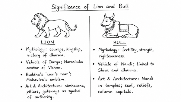 Discuss the significance of the lion and bull figures in Indian mythology, art and architecture. (UPSC 2022)