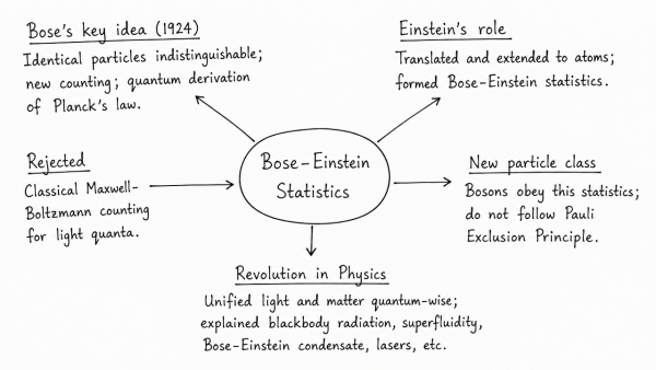Discuss the work of ‘Bose-Einstein Statistics’ done by Prof. Satyendra Nath Bose and show how it revolutionized the field of Physics. (UPSC 2018)