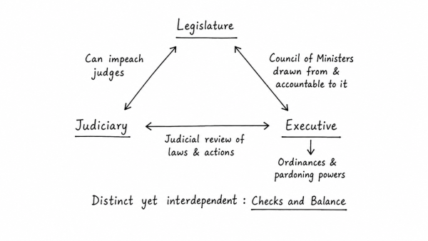 Do you think the Constitution of India does not accept the principle of strict separation of powers rather it is based on the principle of ‘checks and balance’? Explain. (UPSC 2019)