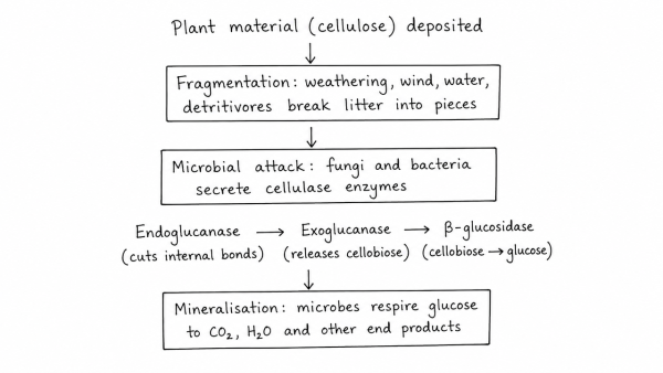 Each year a large amount of plant material, cellulose, is deposited on the surface of Planet Earth. What are the natural processes this cellulose undergoes before yielding carbon dioxide, water and other end products? (UPSC 2022)