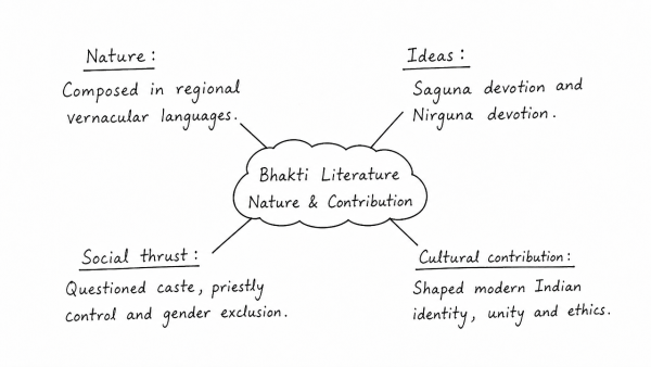 Evaluate the nature of the Bhakti Literature and its contribution to Indian culture. (UPSC 2021)