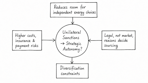 Examine how unilateral economic sanctions imposed by global powers affect India’s strategic autonomy in securing its diverse energy interests abroad.