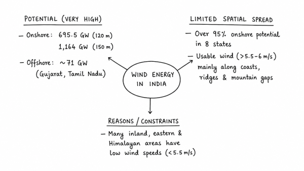 Examine the potential of wind energy in India and explain the reasons for their limited spatial spread. (UPSC 2022)