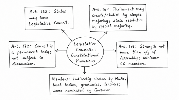 Explain the constitutional provisions under which Legislative Councils are established. Review the working and current status of Legislative Councils with suitable illustrations. (UPSC 2021)