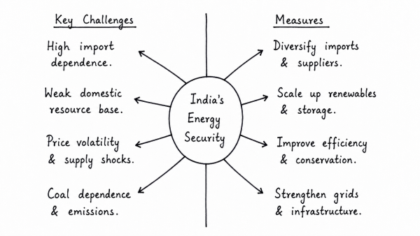 Explain the key challenges for India’s energy security. What measures do you suggest for ensuring energy security along with economic growth and sustainability? (UPSC 2026)