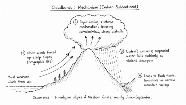 Explain the mechanism and occurrence of cloudburst in the context of the Indian subcontinent. Discuss two recent examples. (UPSC 2022)