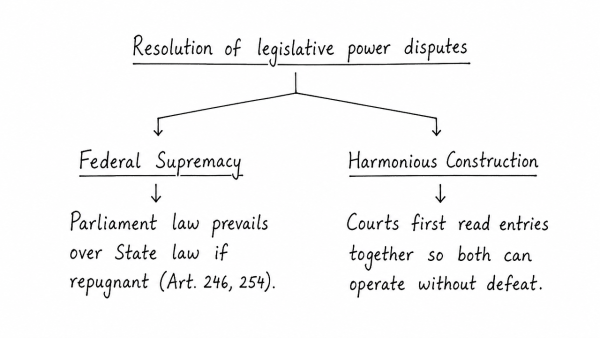 From the resolution of contentious issues regarding the distribution of legislative powers by the courts, the ‘Principle of Federal Supremacy’ and ‘Harmonious Construction’ have emerged. Explain. (UPSC 2019)
