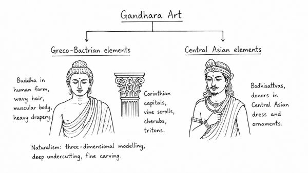 Highlight the Central Asian and Greco-Bactrian elements in Gandhara art. (UPSC 2019)