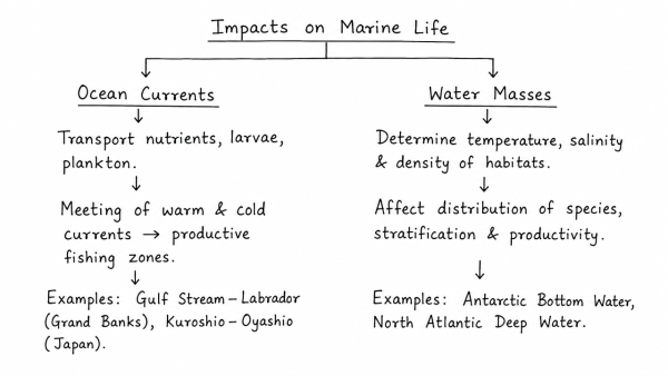 How do ocean currents and water masses differ in their impacts on marine life and the coastal environment? Give suitable examples. (UPSC 2019)