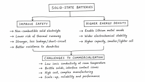 How do solid-state batteries resolve the safety and energy density limitations of conventional lithium-ion technologies? Critically examine the technical challenges hindering their large-scale commercialization.