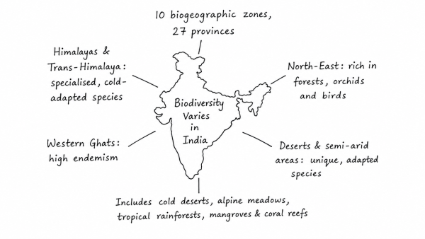 How does biodiversity vary in India? How is the Biological Diversity Act, 2002 helpful in conservation of flora and fauna? (UPSC 2018)