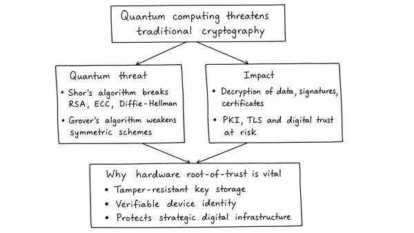 How does the advent of quantum computing threaten traditional cryptographic systems? Critically analyse why integrating hardware root-of-trust is vital for securing India’s strategic digital infrastructure.