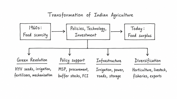 How has Indian agriculture been transformed from food scarcity to food surplus level? Explain the various government policies implemented for diversification of Indian agriculture. (UPSC 2026)
