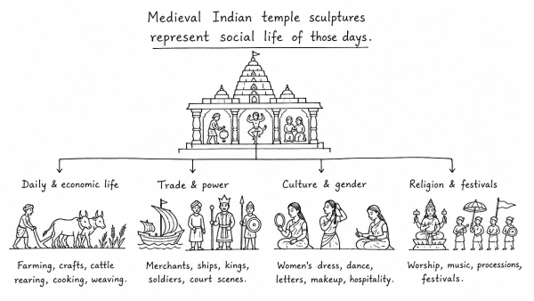 How will you explain that medieval Indian temple sculptures represent the social life of those days? (UPSC 2022)