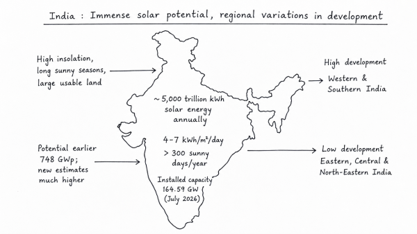 India has immense potential of solar energy though there are regional variations in its developments. Elaborate. (UPSC 2020)