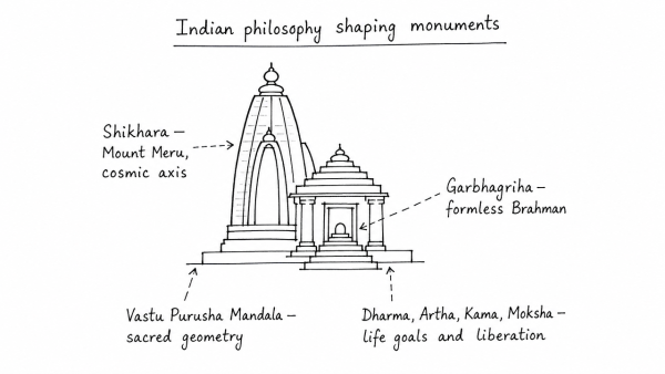 Indian Philosophy and tradition played a significant role in conceiving and shaping the monuments and their art in India. Discuss. (UPSC 2020)