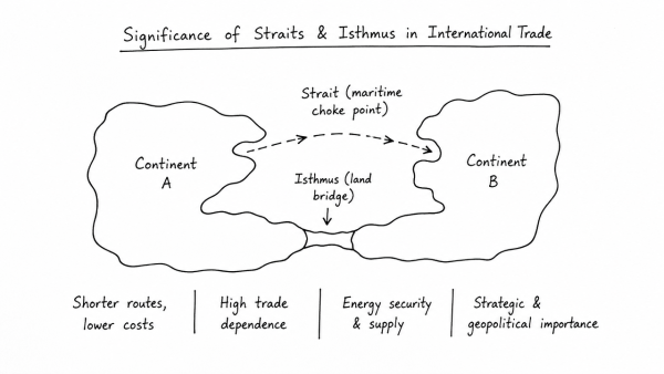 Mention the significance of straits and isthmus in international trade. (UPSC 2022)